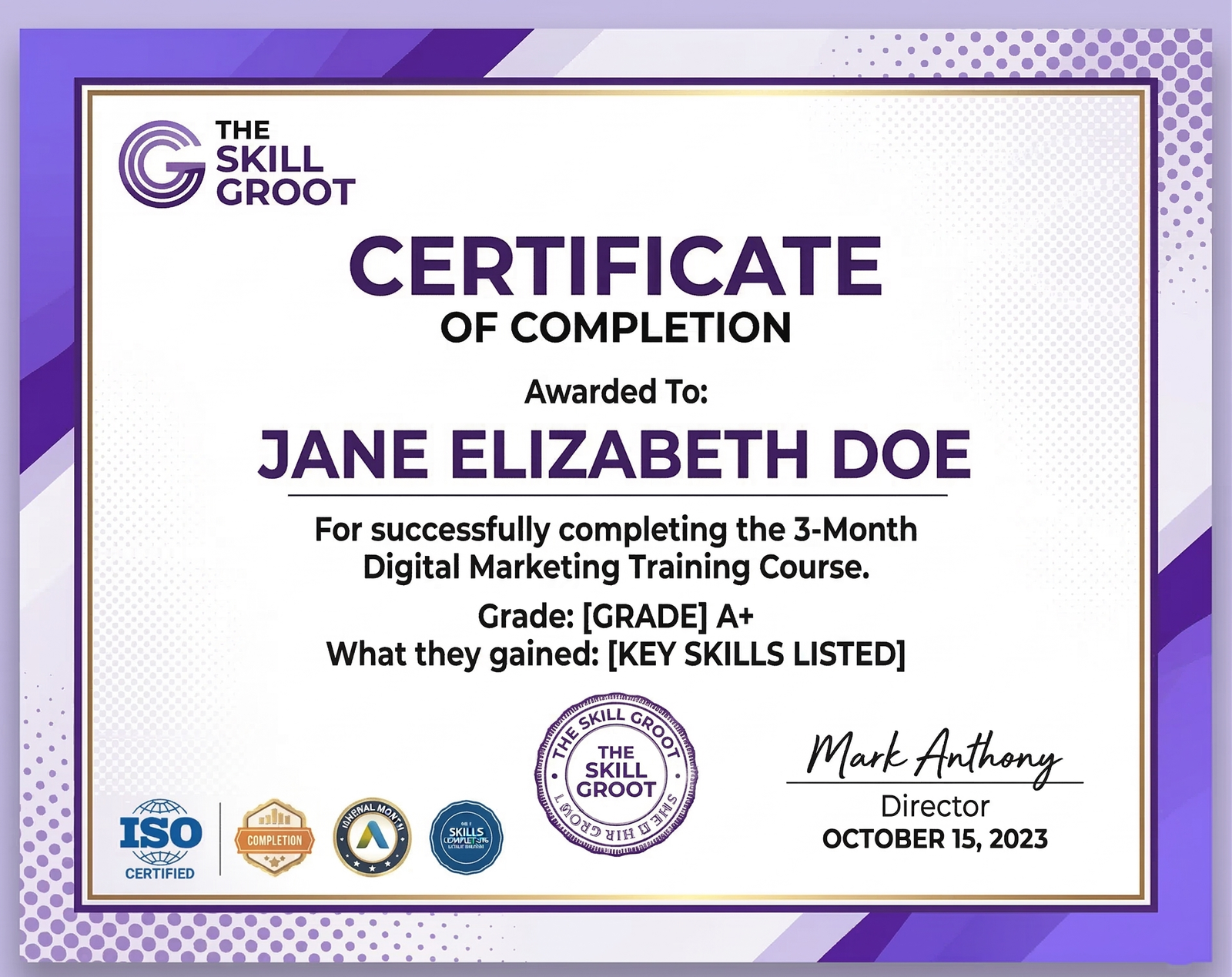 SkillGroot Formal Digital Marketing Training Certificate of Completion Recognized Nationally and Internationally